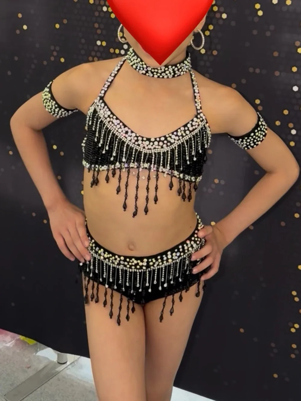 Kids Black Sequin Fringe Dance Costume with Rhinestones